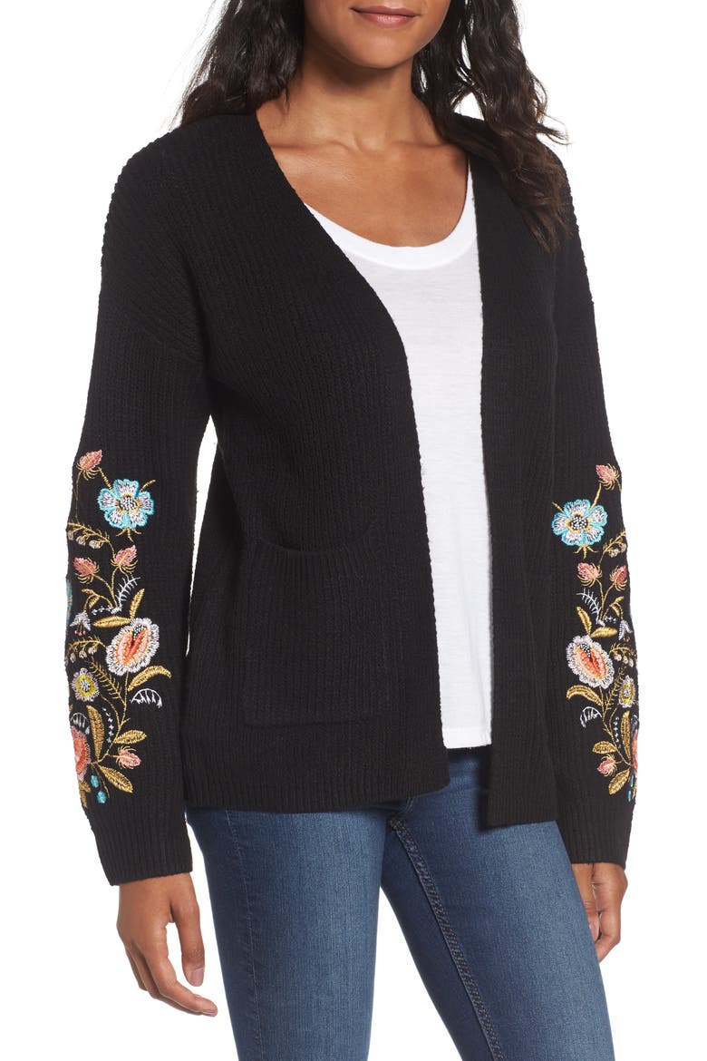 Embroidered Cardigan, Main, color, BLACK