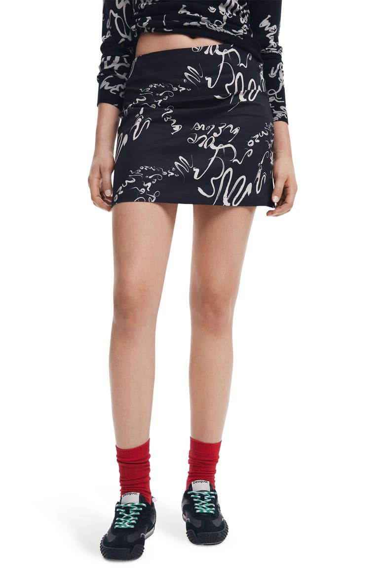 Sketchbook Print Miniskirt, Main, color, BLACK