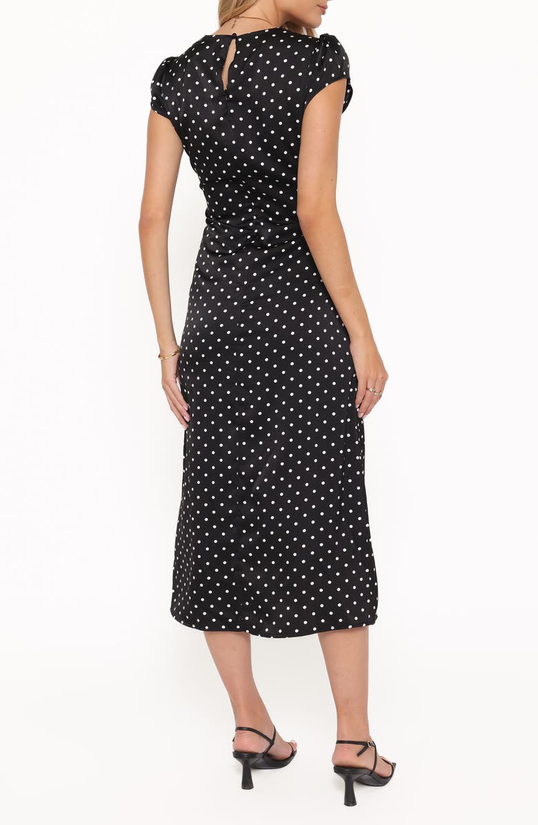 Petal & Pup Lisbeth Polka Dot Cap Sleeve Satin Midi Dress, Alternate, color, Black Polka Dot
