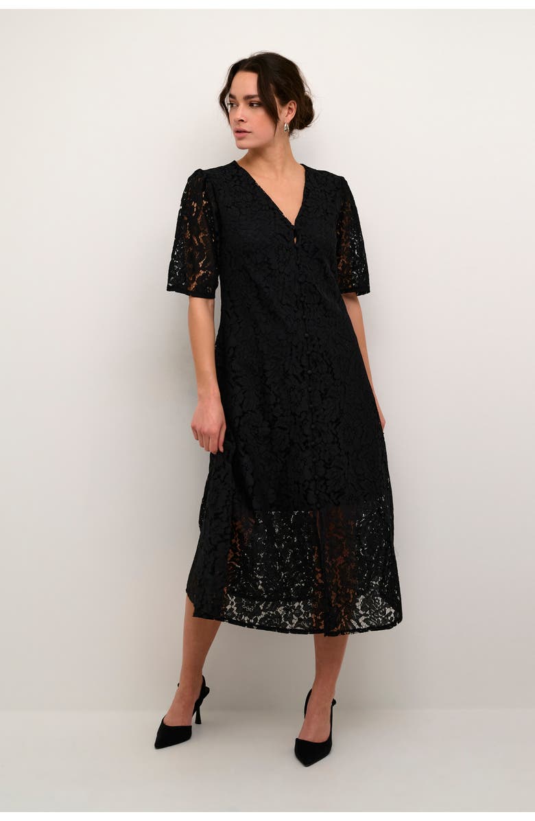Kaffe Kanomi Lace V-Neck Midi Dress, Main, color, Black Deep