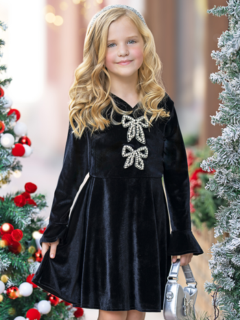 Crystal Bow Long Sleeve Velour Dress