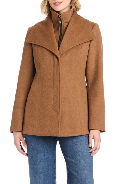 High-Low Hem Wool Blend Coat with Fixed Bib