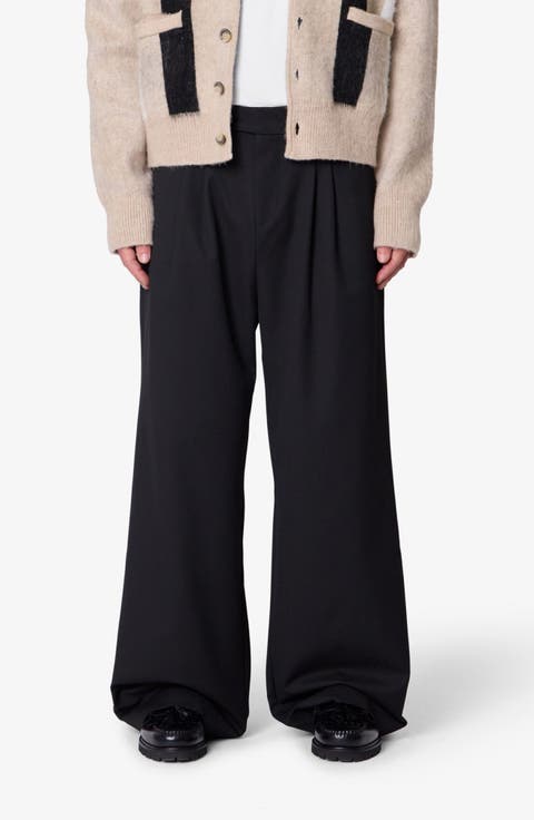 Pleated Wide Leg Cotton Blend Pants