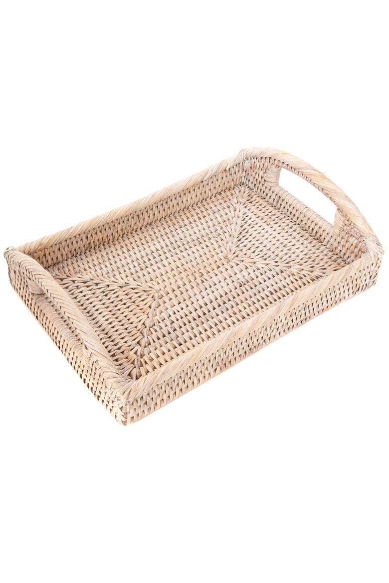 Rectangular Rattan Vanity Tray with High Handles, Main, color, White Wash