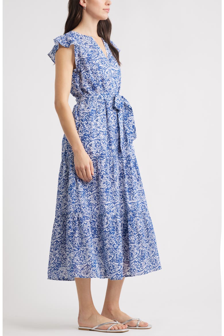 Print Ruffle Sleeve Tie Waist Midi Dress, Alternate, color, BLUE- WHITE RIVER PAISLEY