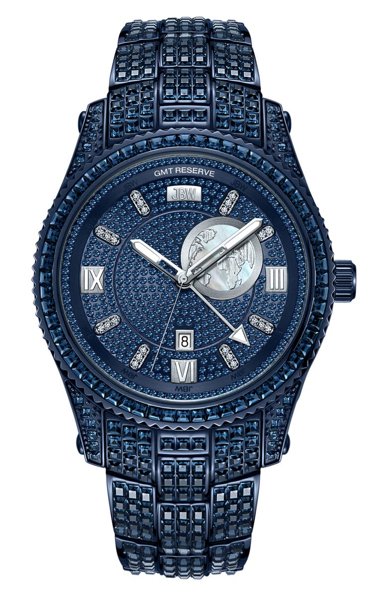 JBW Reserve Jet Setter GMT Diamond & Crystal Bracelet Watch, 46mm, Main, color, Blue