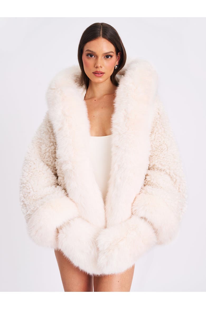 Jumbo Kali Vegan Shearling Fur Trimmed Coat, Alternate, color, White