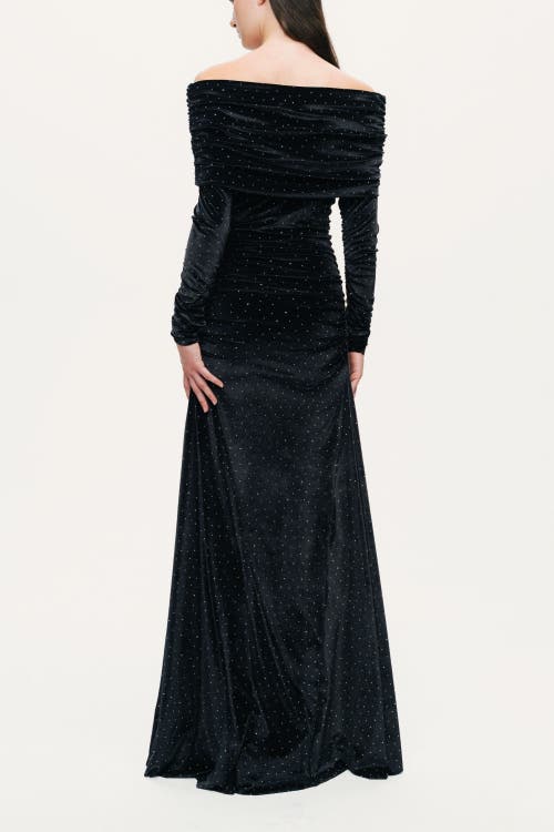 Nocturne Off-shoulder Velvet Maxi Dress With Rhinestone Detail In Black