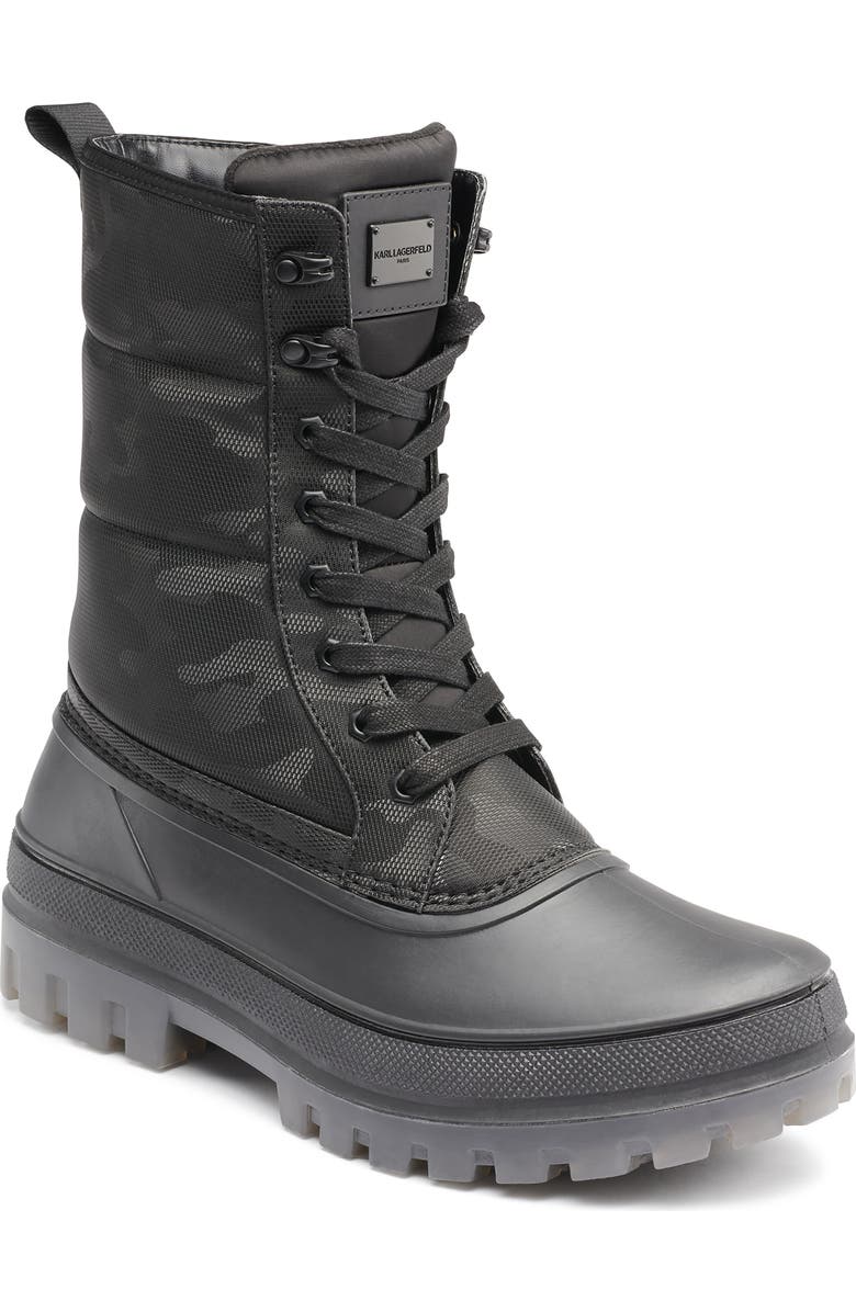 KARL LAGERFELD PARIS Water Resistant Camo Boot, Main, color, Black