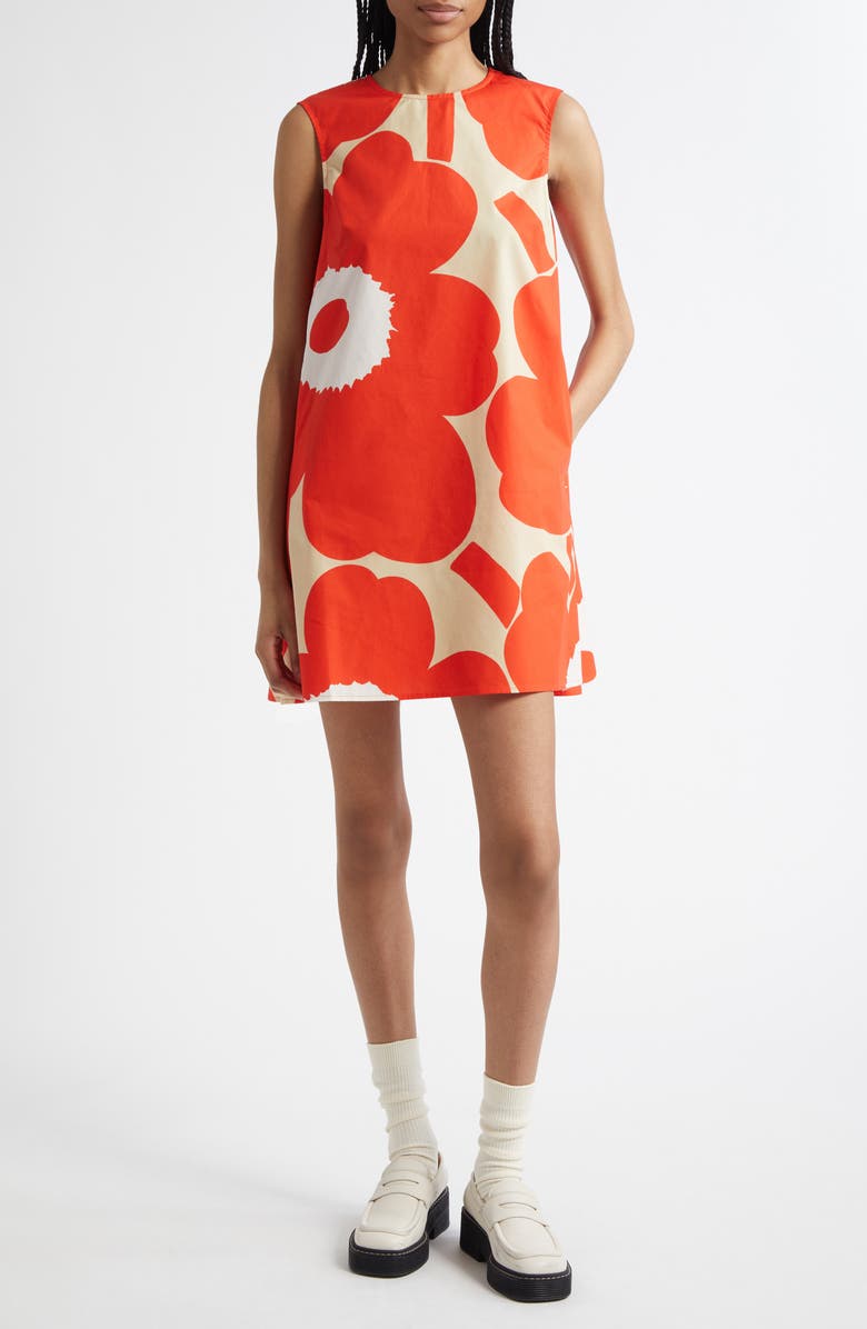 Marimekko Palatsi Unikko Organic Cotton Poplin Shift Minidress, Main, color, Orange