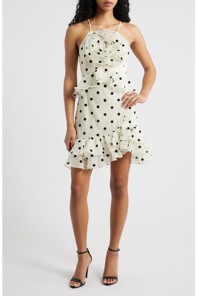 Remy Polka Dot Rosette Ruffle Minidress, Main, color, CREAM BLACK