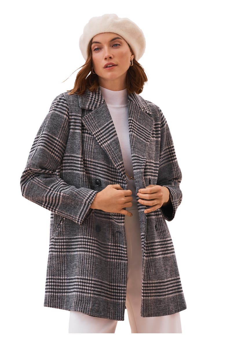 A-Line Wool Peacoat, Main, color, BLACK KHAKI PLAID