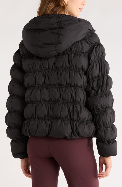 Zella Shirred Channel Quilted Water Repellent Hooded Jacket In Black