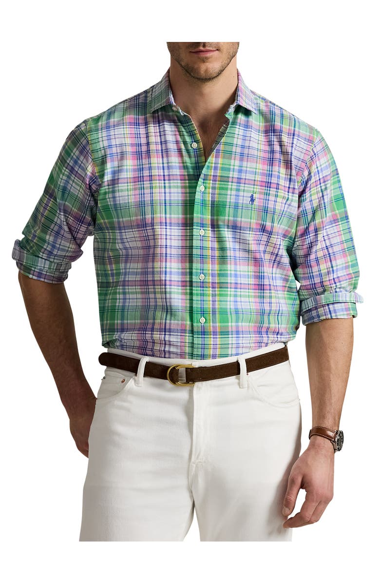 Polo Ralph Lauren Big & Tall Plaid Oxford Sport Shirt, Main, color, Green Pink
