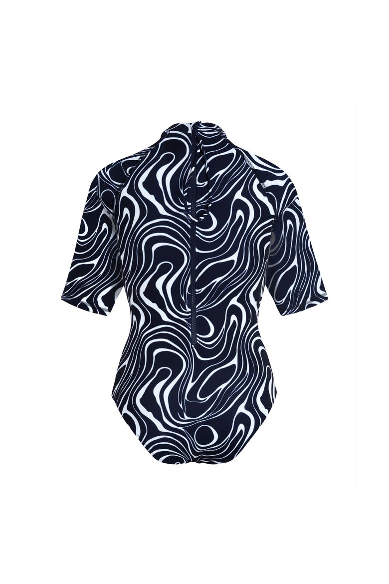 Women Short Sleeves UV Protection One-piece Rashguard Waves, Alternate, color, navy