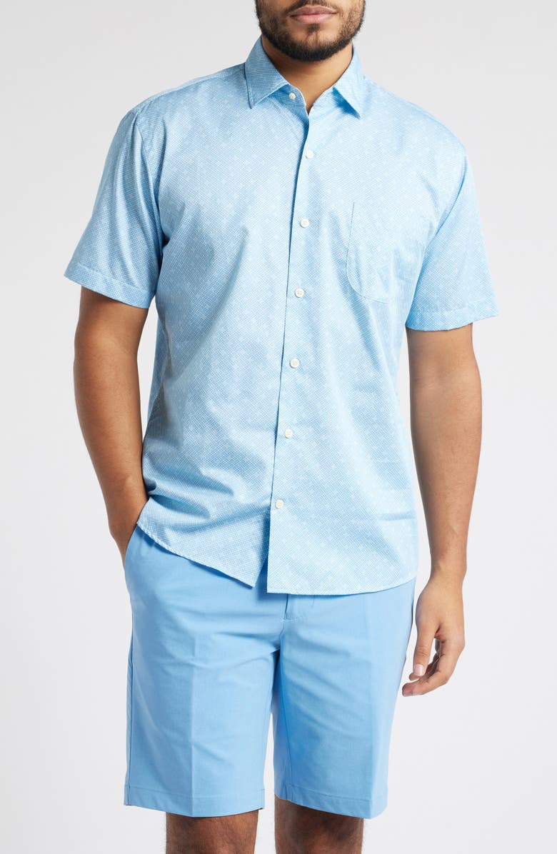 Peter Millar James Geo Print Short Sleeve Cotton Button-Up Shirt, Main, color, Pale Blue