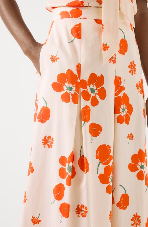 Lk Bennett Flora Floral Pleated Stretch Cotton Sateen Midi Skirt In Orange