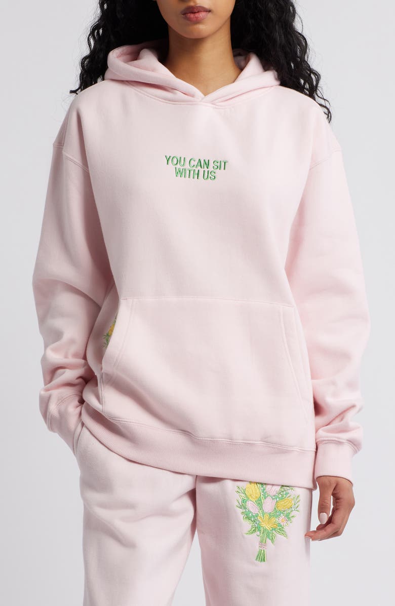 HAPPY CAMP3R Sit with Us Embroidered Graphic Hoodie, Main, color, Blush Pink