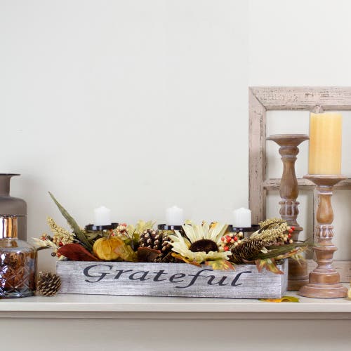 Northlight Autumn Sunflower "grateful" Triple Candle Holder Centerpiece In Gray