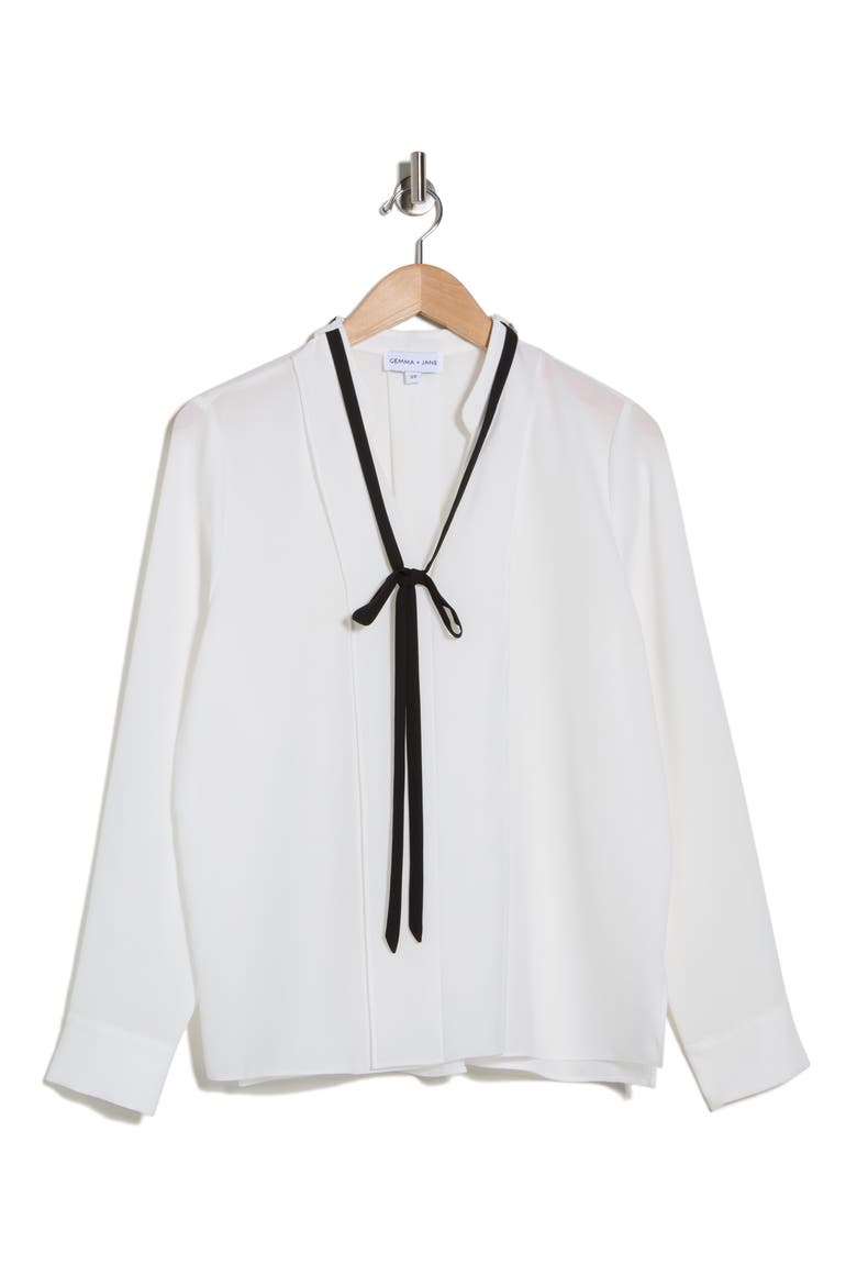 Contrast Tie V-Neck Long Sleeve Top, Alternate, color, IVORY
