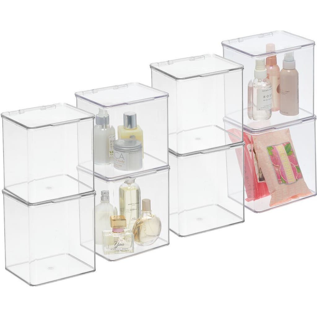 Mdesign Plastic Bath Stacking Storage Organizer Box, Hinged Lid, 8 Pack In Transparent