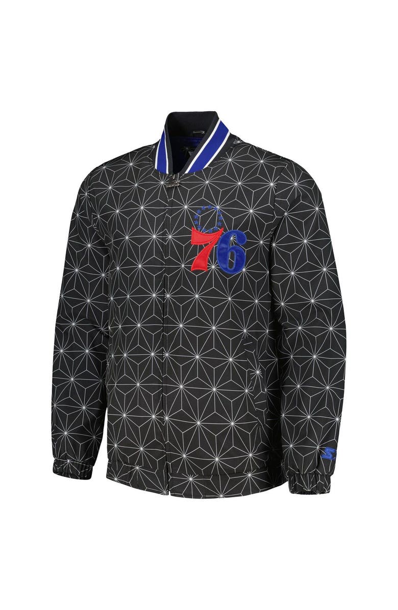STARTER Men's Starter Black Philadelphia 76ers In-Field Play Fashion Satin Full-Zip Varsity Jacket, Alternate, color, Black