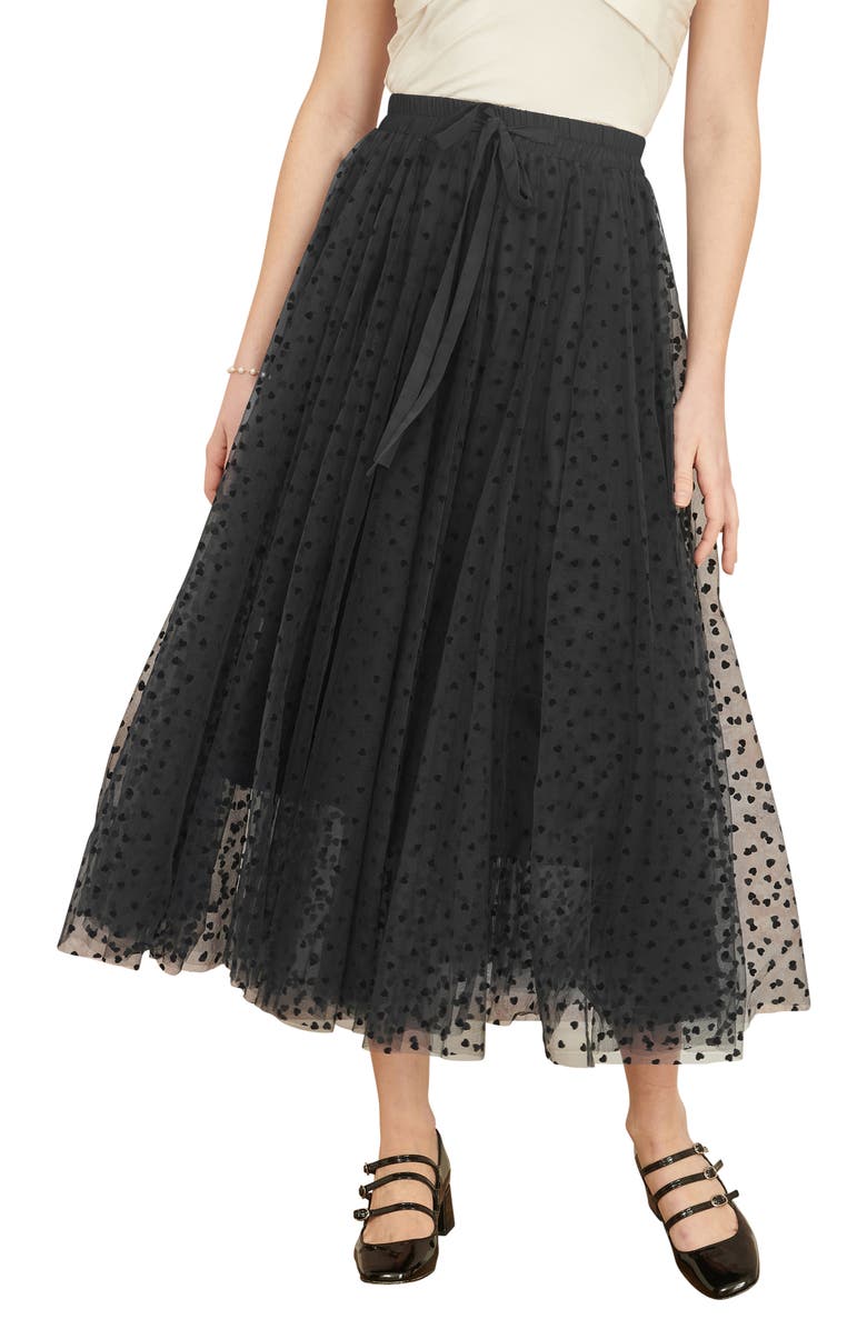 Yumi Mesh Heart Print Tulle Skirt, Main, color, Black