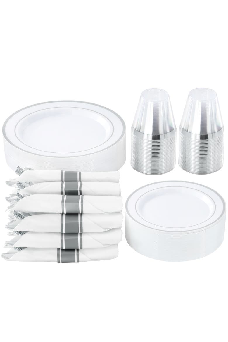350 Piece Disposable Dinnerware Party Set for 50 Guests, Main, color, Silver