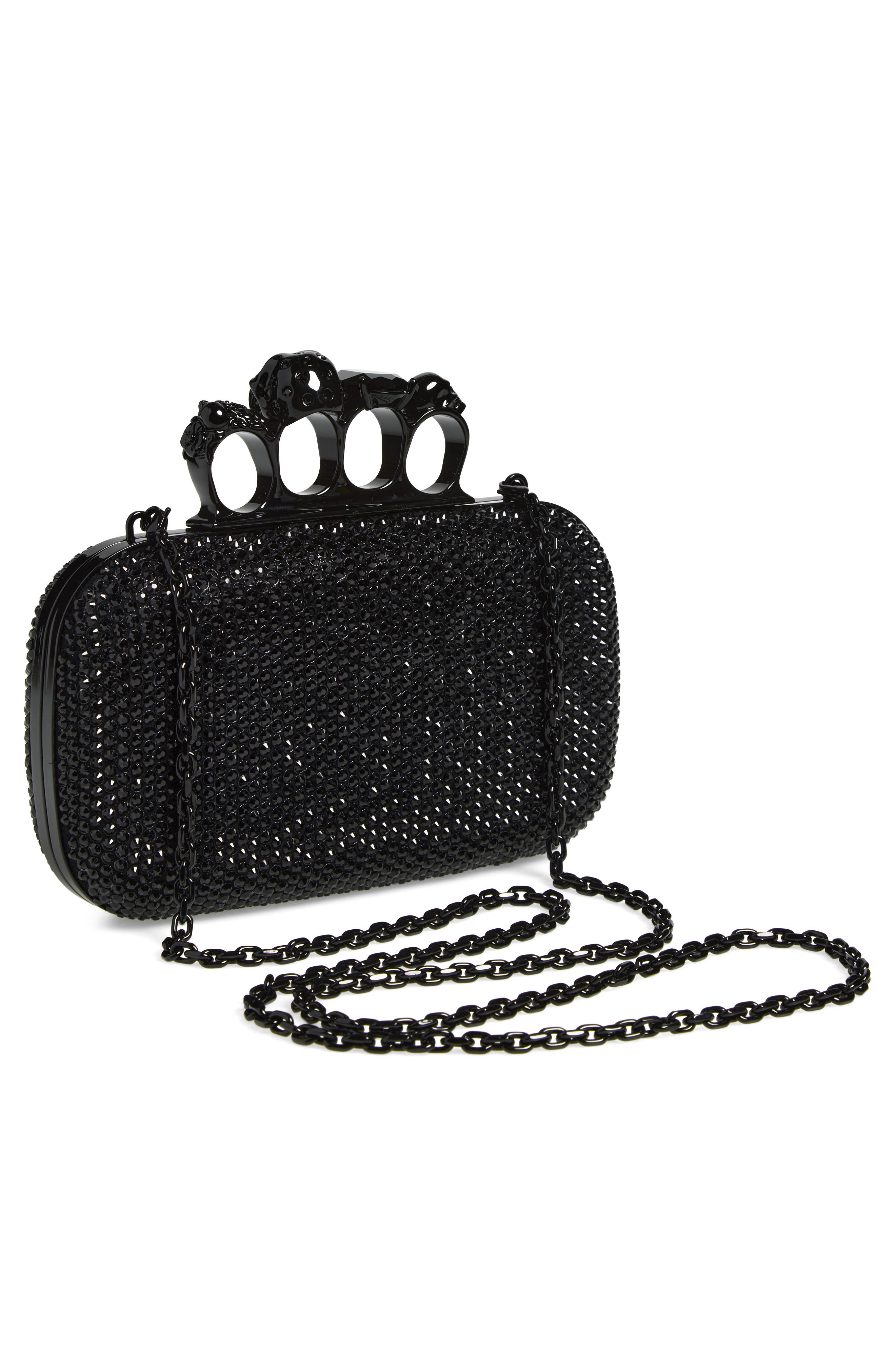 Crystal Embellished Leather Knuckle Clutch, Alternate, color, BLACK