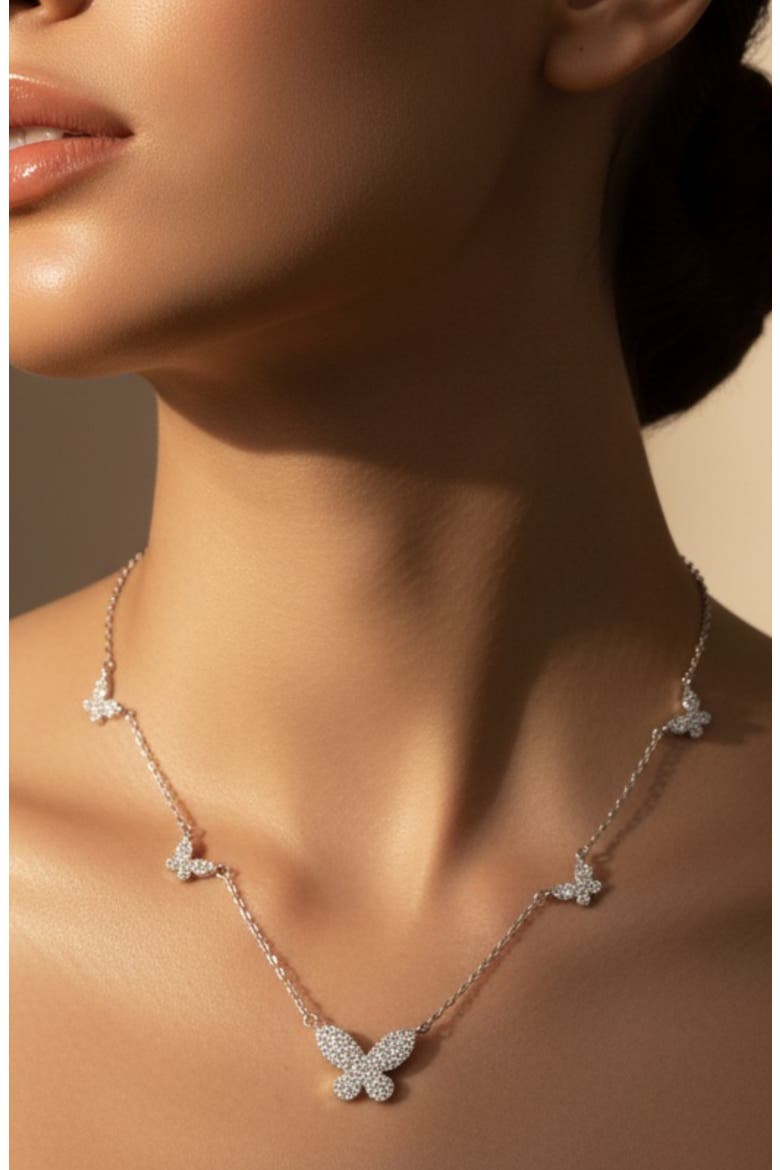 Pavé Butterfly Station Necklace, Alternate, color, SILVER