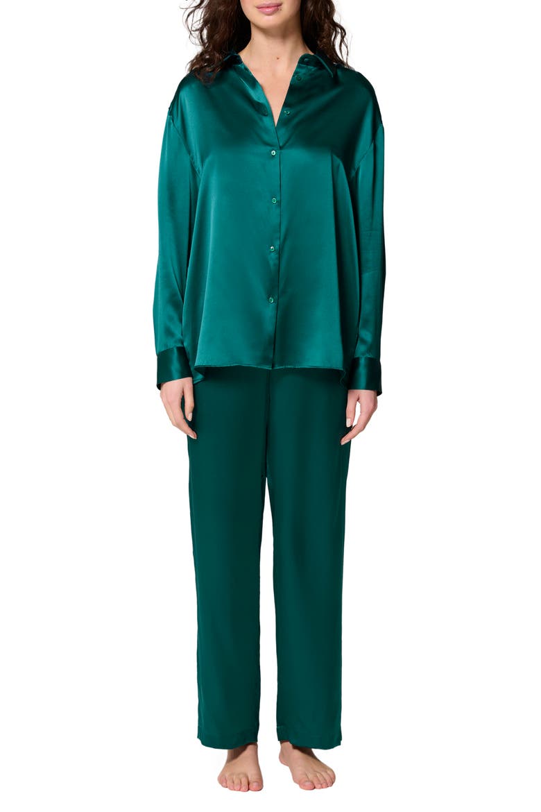 Love Me Silk Blend Button-Up Shirt, Alternate, color, EMERALD