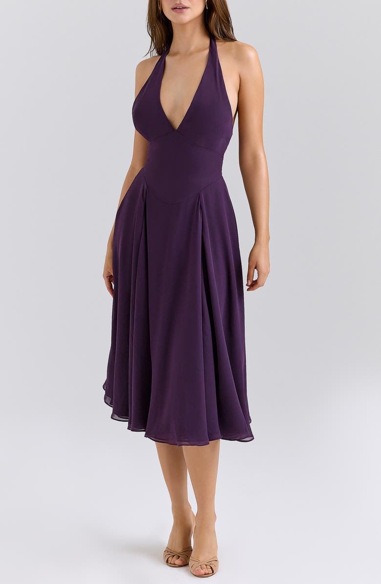 HOUSE OF CB Solada Georgette Halter Dress, Main, color, Grape