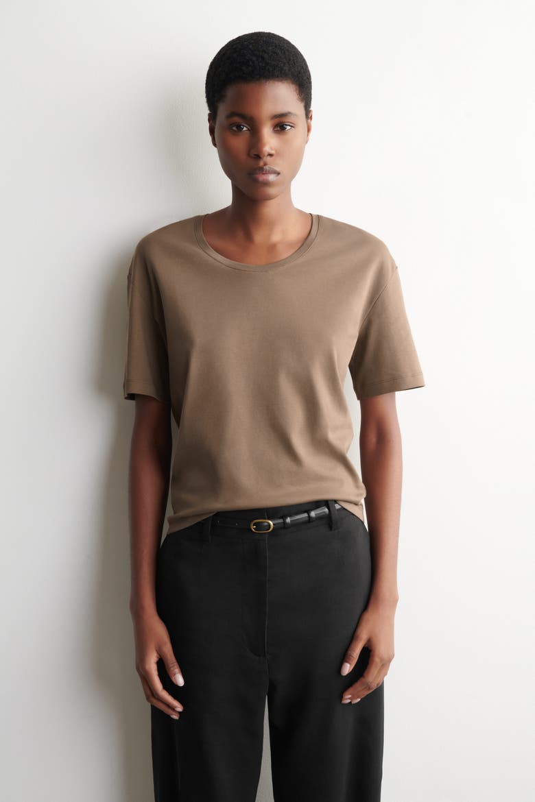 Scoop-Neck Cotton T-Shirt, Main, color, BROWN