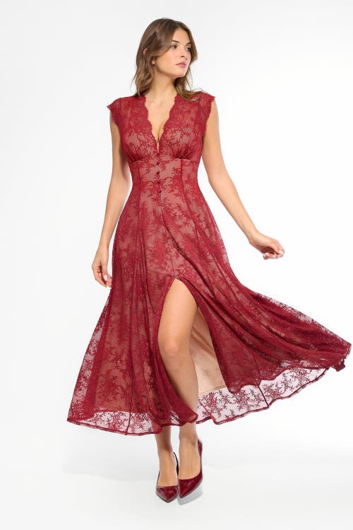 Popilush Shapewear Boho Floral Lace Front Slit Maxi Dress In Red