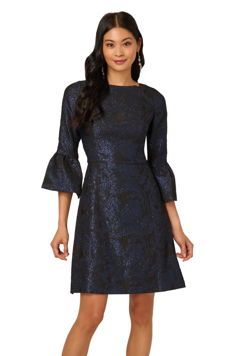 Ruffle Metallic Jacquard Cocktail Dress, Alternate, color, NAVY