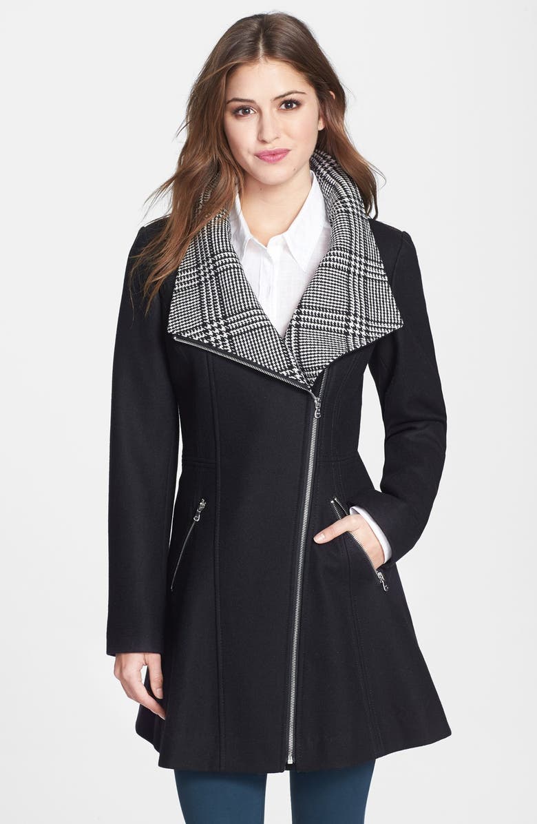 GUESS Glen Plaid Detail Skirt Wool Blend Coat, Main, color, 