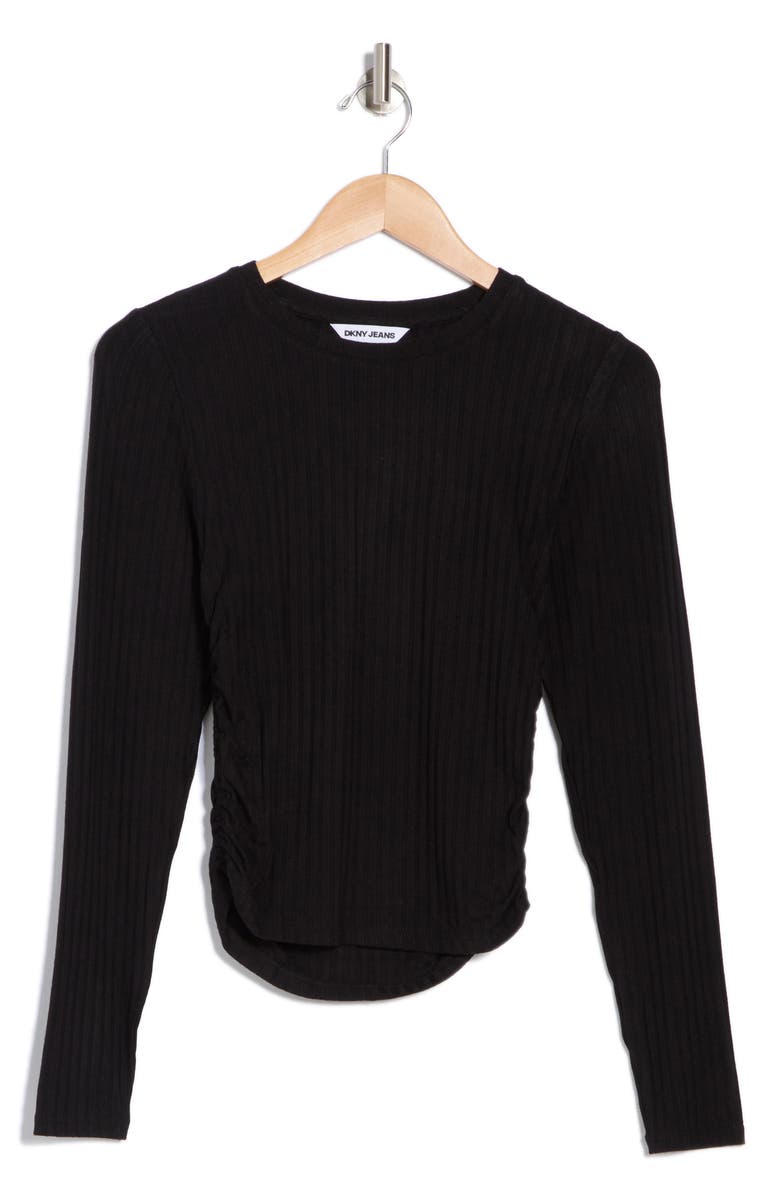 DKNY Jeans Ruched Rib Long Sleeve Top, Alternate, color, 