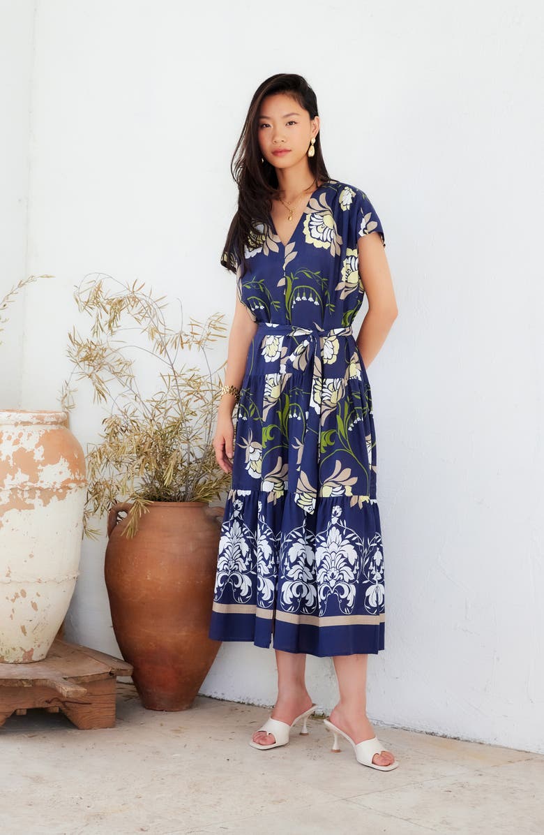 FIFTEEN TWENTY Tiered Tie Waist Midi Dress, Alternate, color, Blue Print