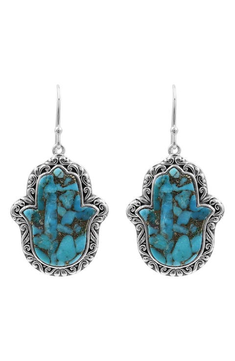 Sterling Silver Mohave Turquoise Hamsa Drop Earrings