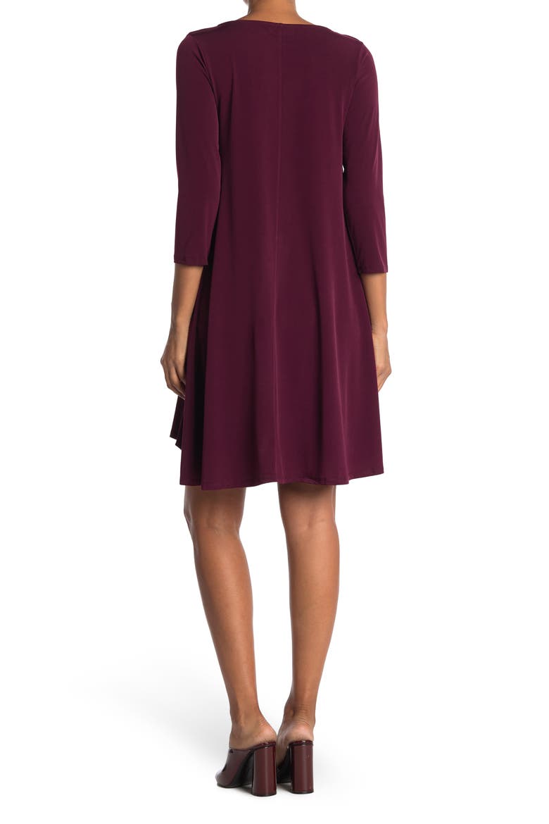 Three-Quarter Sleeve Stretch Knit Trapeze Dress, Alternate, color, DEEP WINE