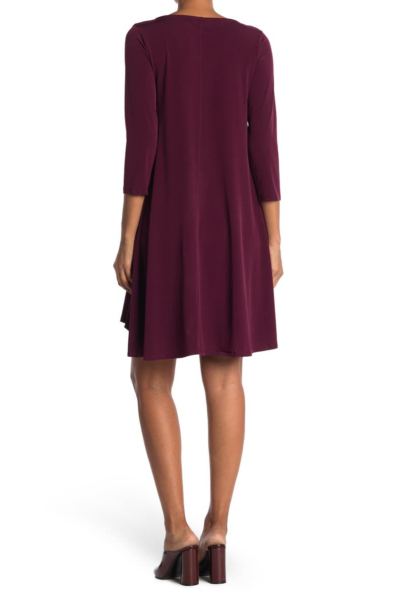 Nina Leonard Three-Quarter Sleeve Stretch Knit Trapeze Dress, Alternate, color, Deepwine