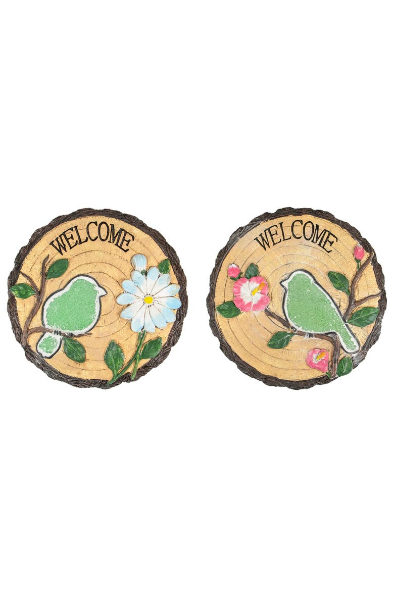 Northlight Set of 2 Welcome Birds Outdoor Floral Garden Stones 11", Main, color, Brown