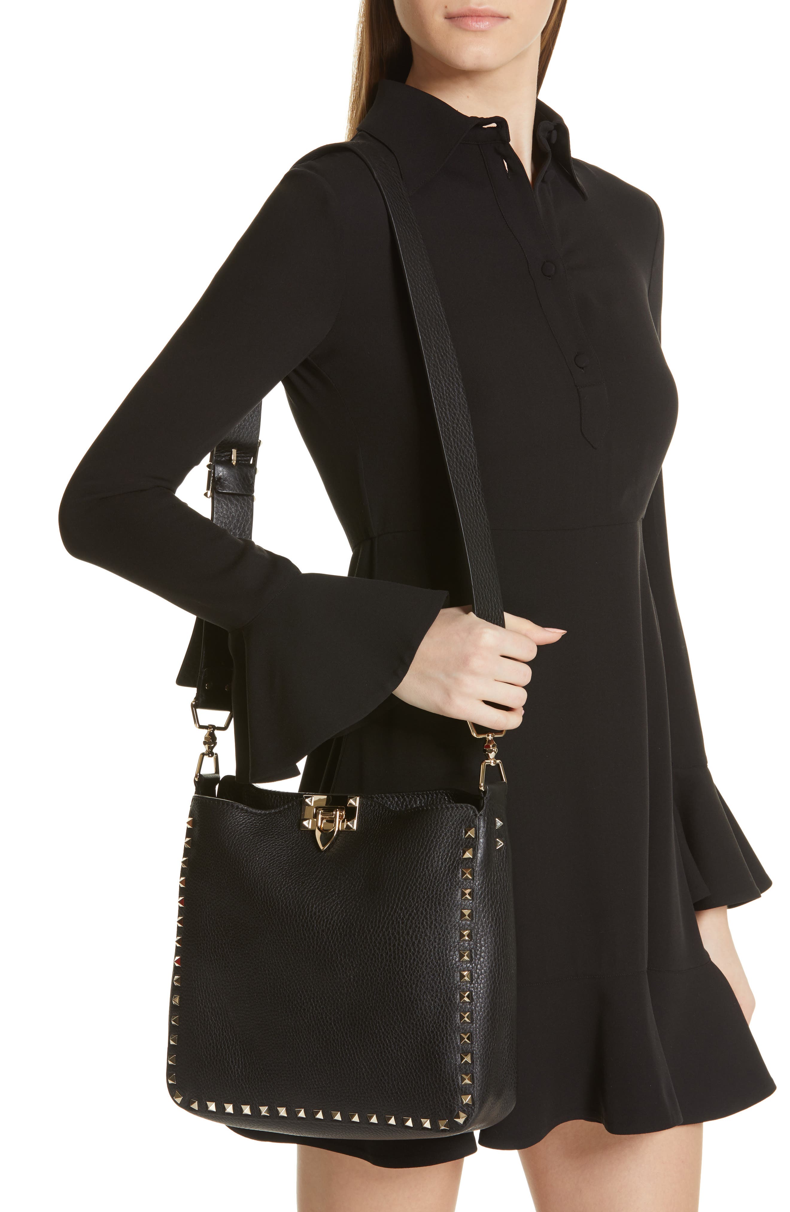 Valentino Garavani Rockstud Leather Hobo, Alternate, color, 