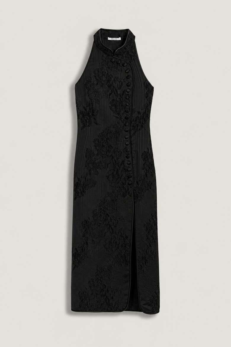 Jacquard Halterneck Midi Dress with Button Detail, Alternate, color, Black