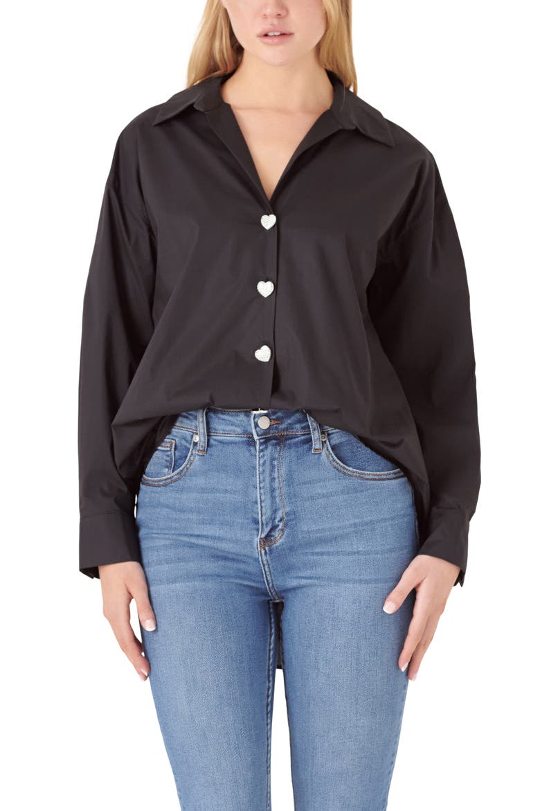 Oversize Cotton Button-Up Shirt, Alternate, color, BLACK