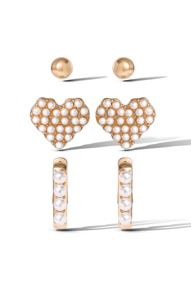 Pearl Stud Earring Set of 3, Main, color, Gold