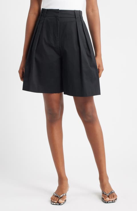 Pleated High Waist A-Line Twill Shorts