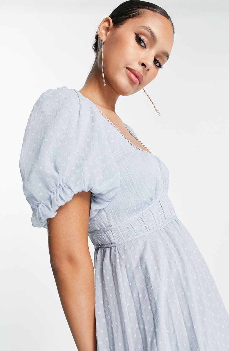 ASOS DESIGN Pleated Dobby Puff Sleeve Midi Dress, Alternate, color, 