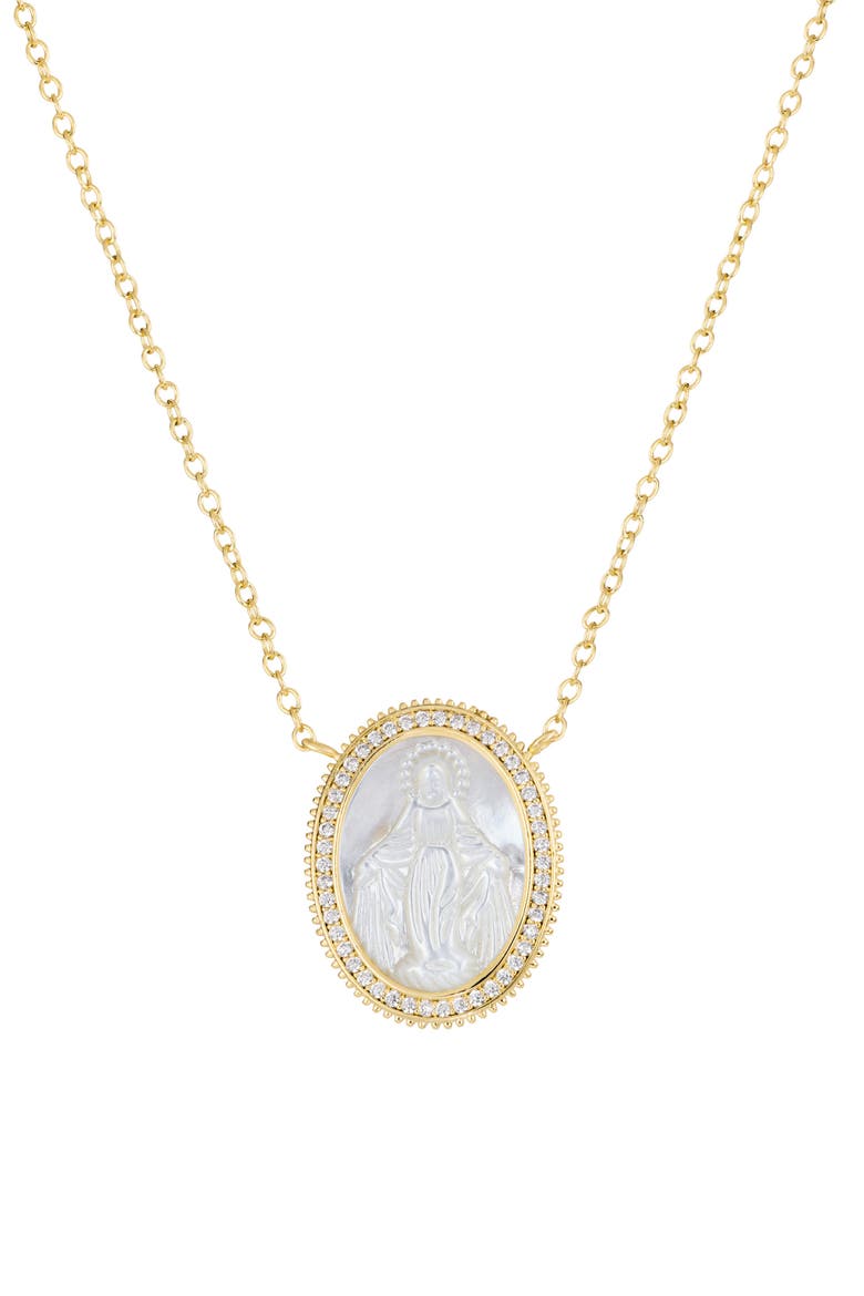 Mother-of-Pearl Mary Pavé Cubic Zirconia Medallion Pendant Necklace, Main, color, GOLD