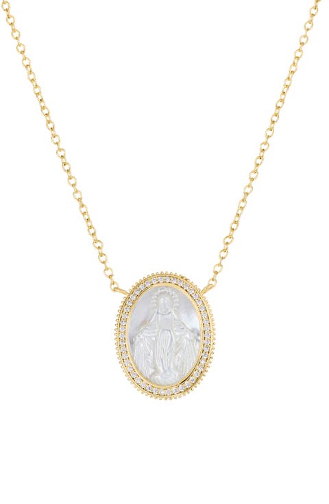 Mother-of-Pearl Mary Pavé Cubic Zirconia Medallion Pendant Necklace
